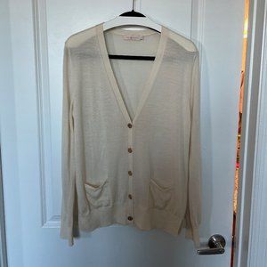 Tory Burch Cream / Ivory V Neck Cardigan Sweater with Gold Logo Buttons Size XL
